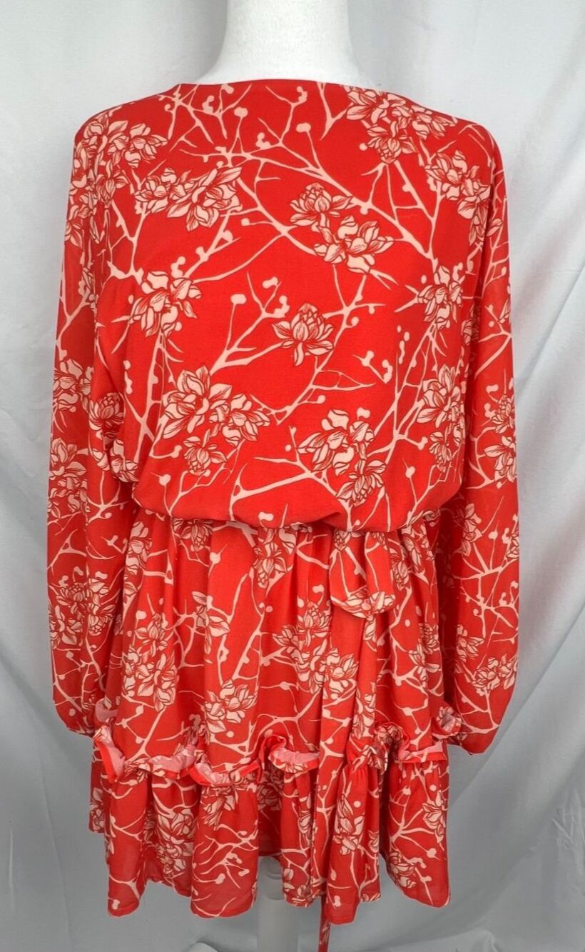Flying Tomato Floral Print Long Sleeve Tiered Ruffle Dress Size Large Red